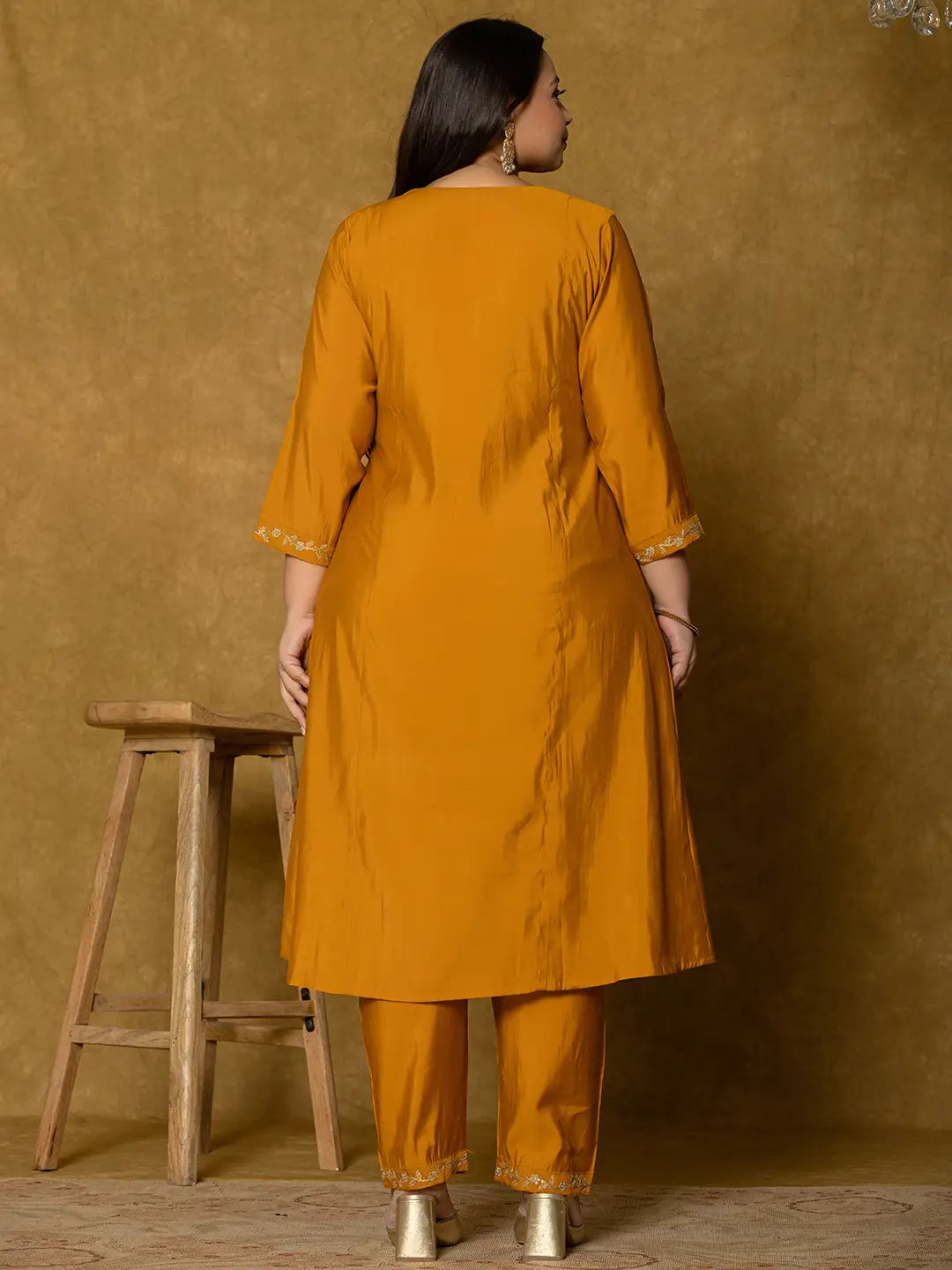 Yufta Mustard Silk Embroidered Plus Size Kurta Dupatta Set
