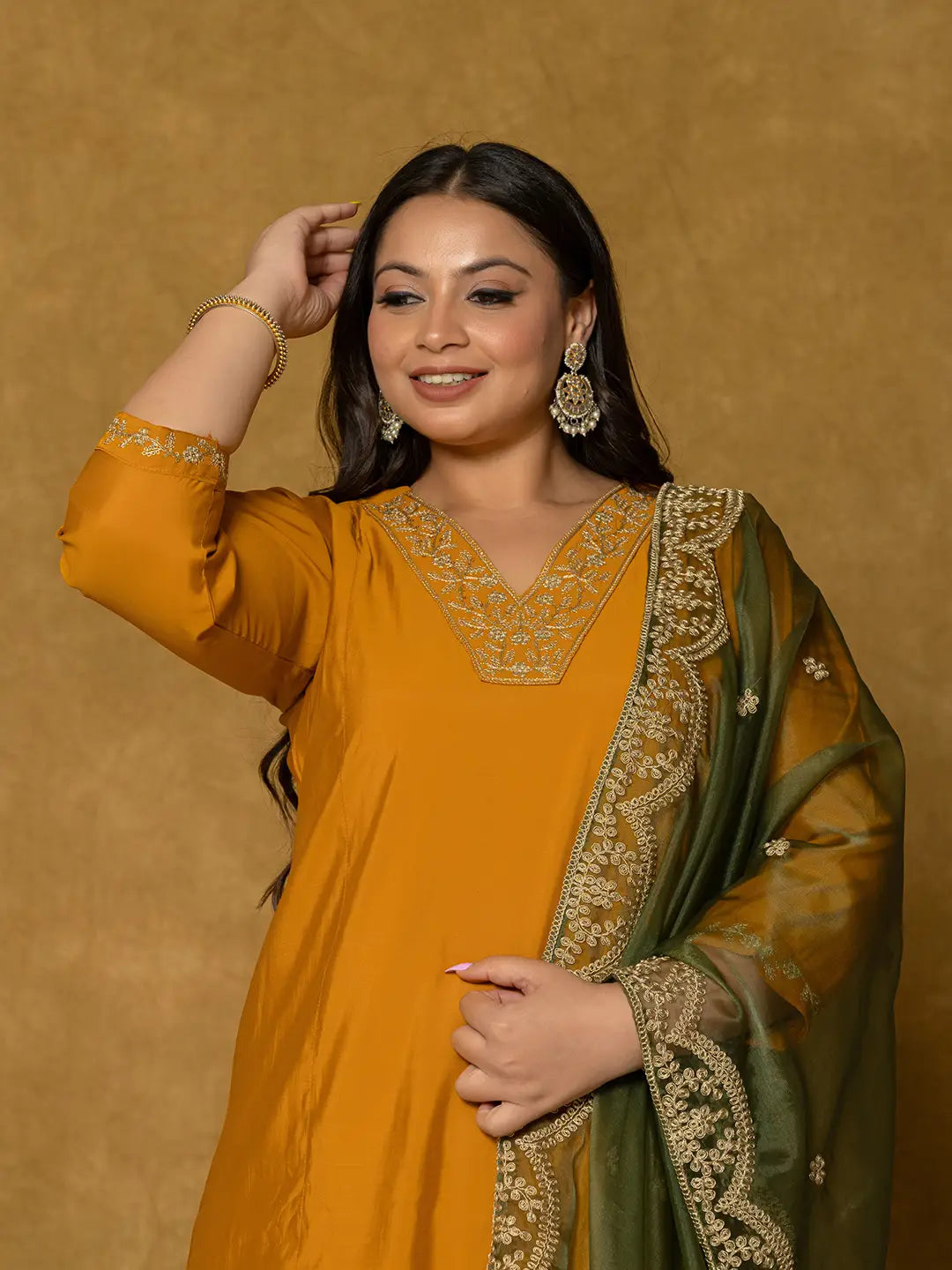 Yufta Mustard Silk Embroidered Plus Size Kurta Dupatta Set