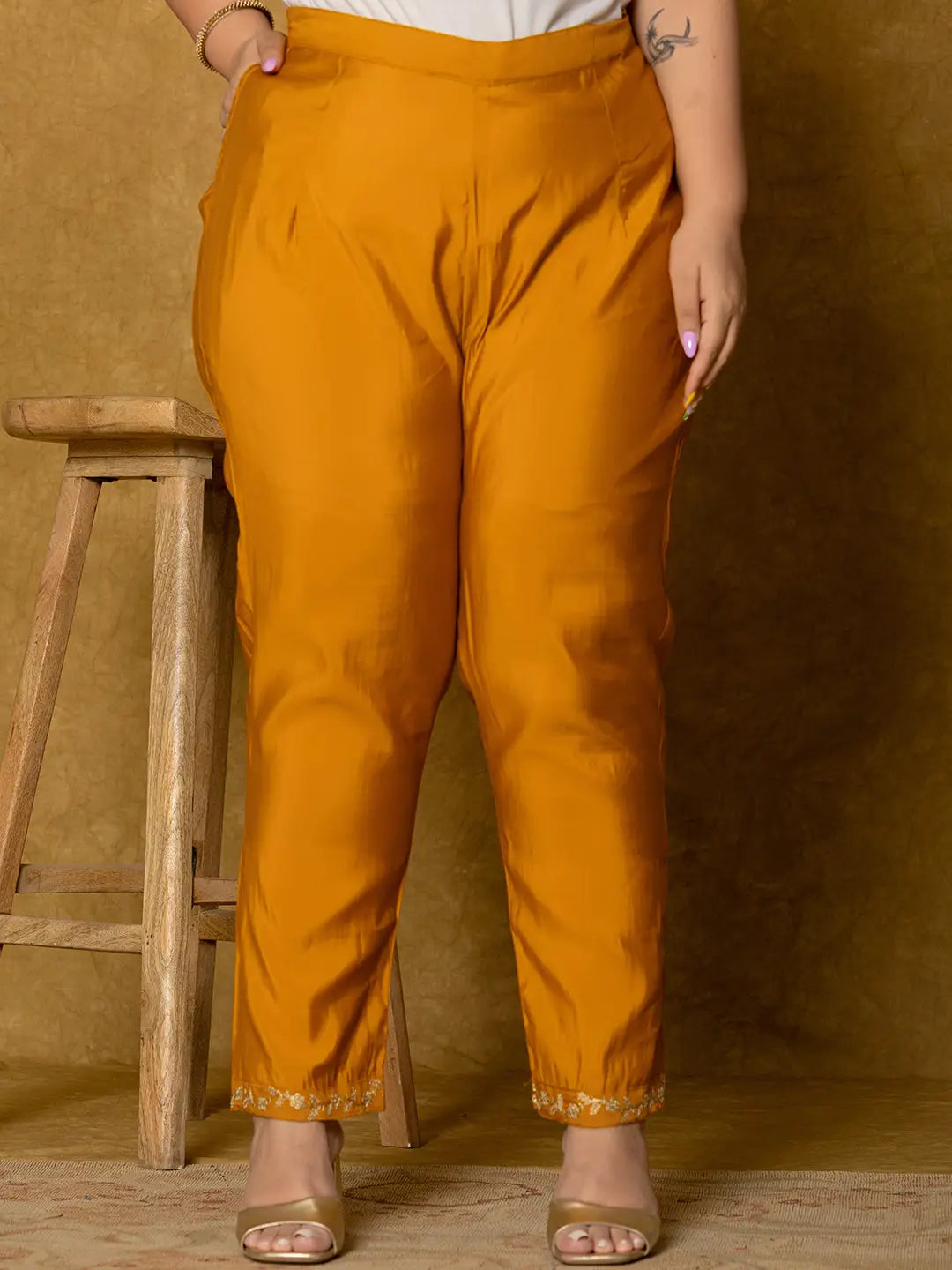 Yufta Mustard Silk Embroidered Plus Size Kurta Dupatta Set