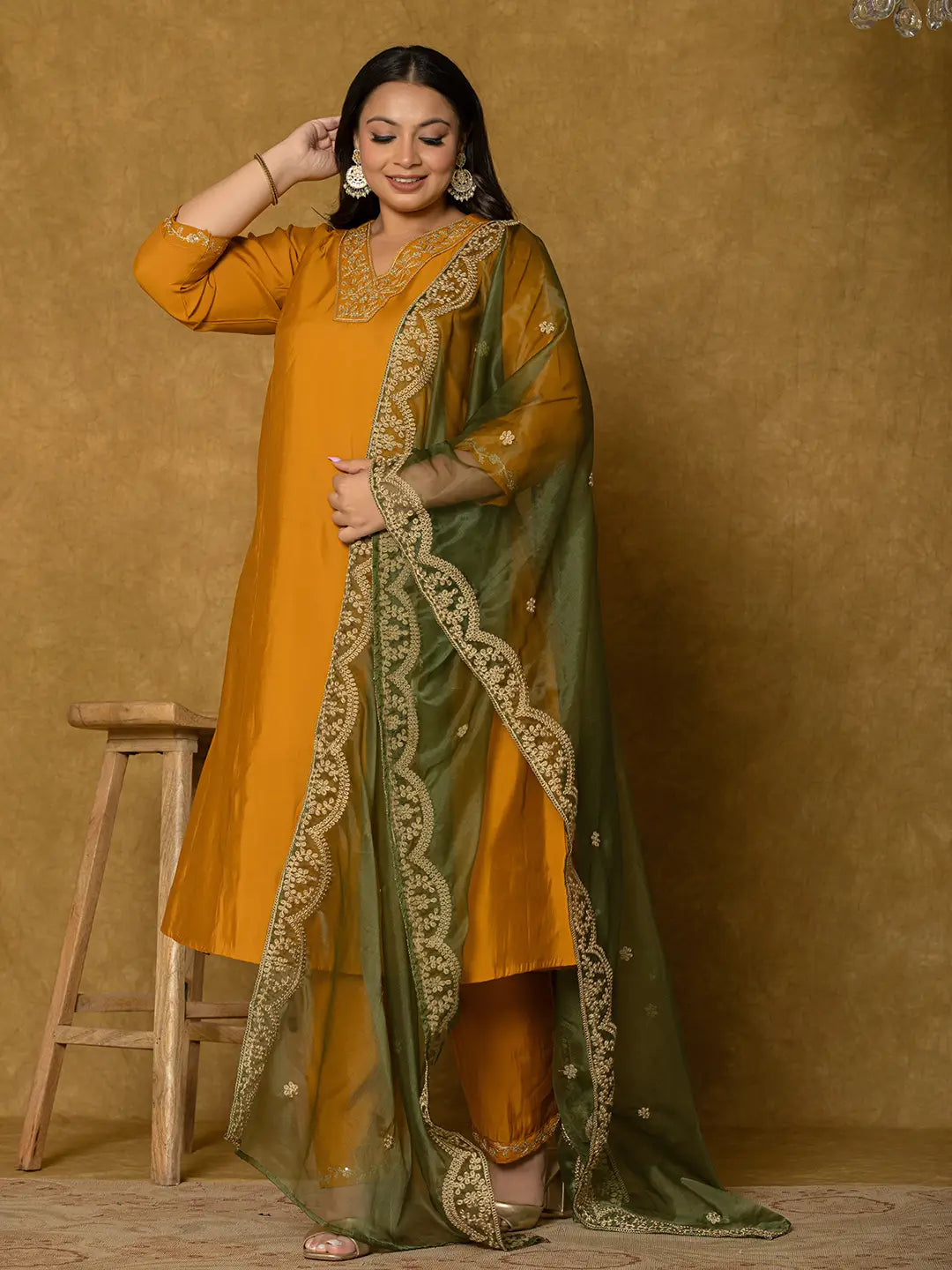 Yufta Mustard Silk Embroidered Plus Size Kurta Dupatta Set
