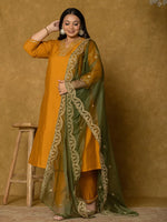 Thumbnail for Yufta Mustard Silk Embroidered Plus Size Kurta Dupatta Set