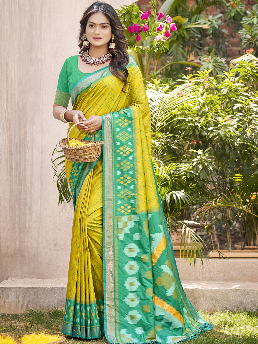 Anaita Mustard Pochampally Silk Saree With Floral Printed Work With Blouse - Distacart