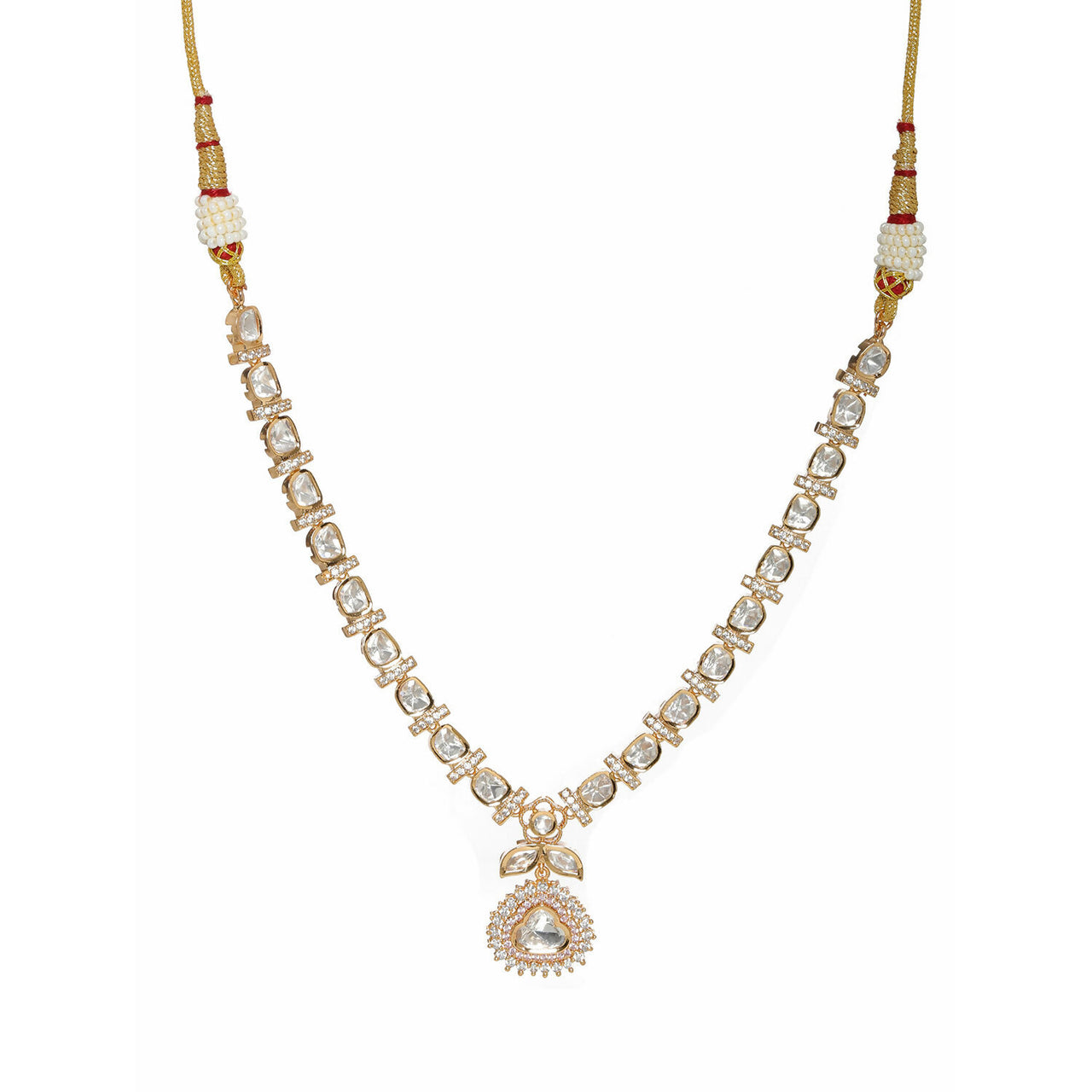 Gold and American Diamond Neckpiece with Pink Stone Center Piece (Gold) - Ruby Raang - Distacart