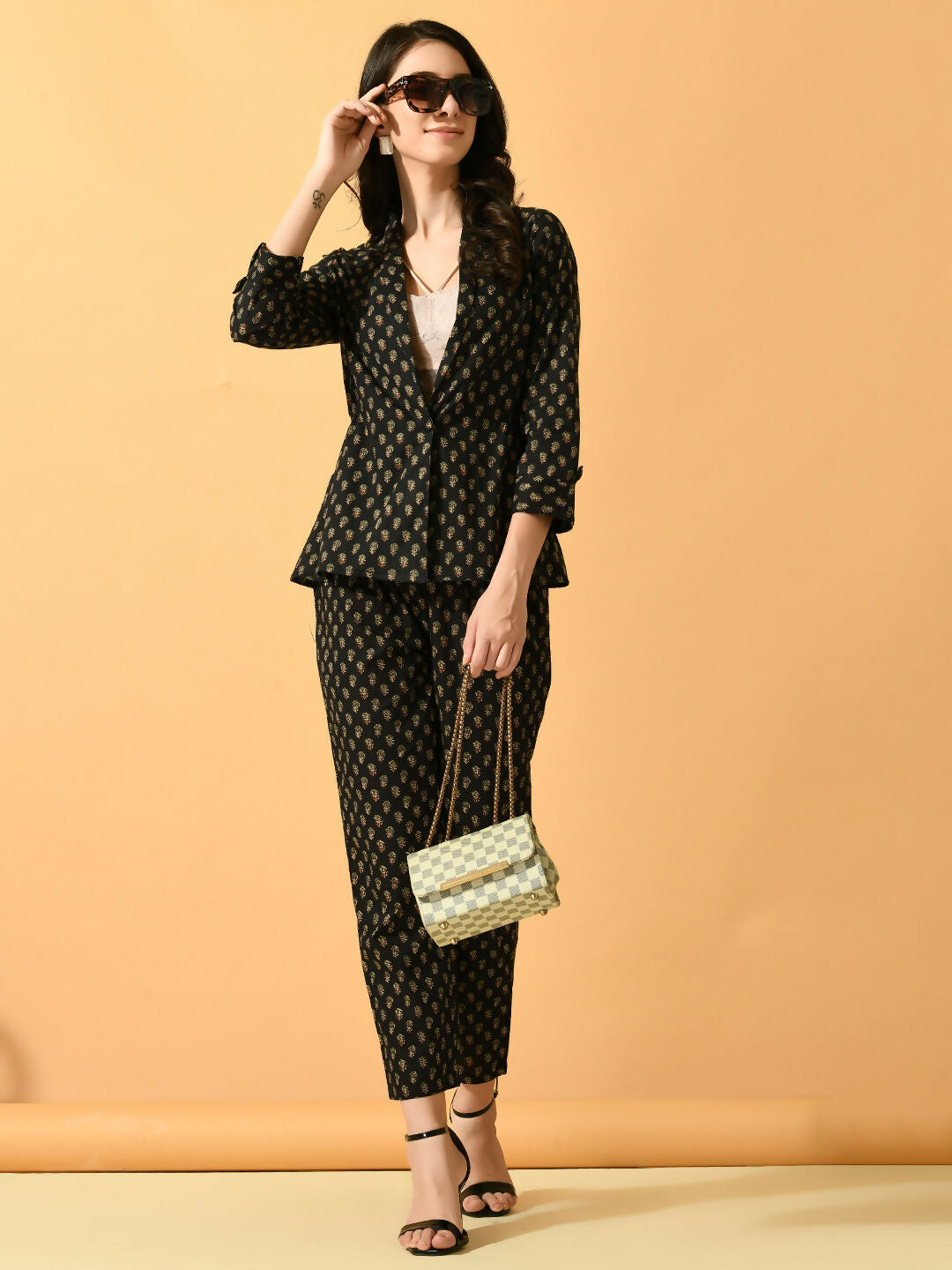 Myshka Women's Black Printed Coat With Trousers - Distacart