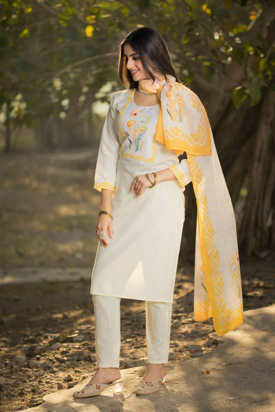 Preksha Creation White Wedding Special Women Cotton Embroidered Kurti With Dupatta And Pant