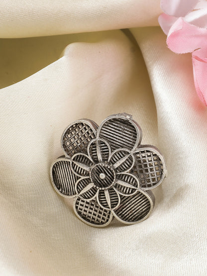 NVR Women's Silver-Toned Floral Shape Adjustable Finger Ring - Distacart