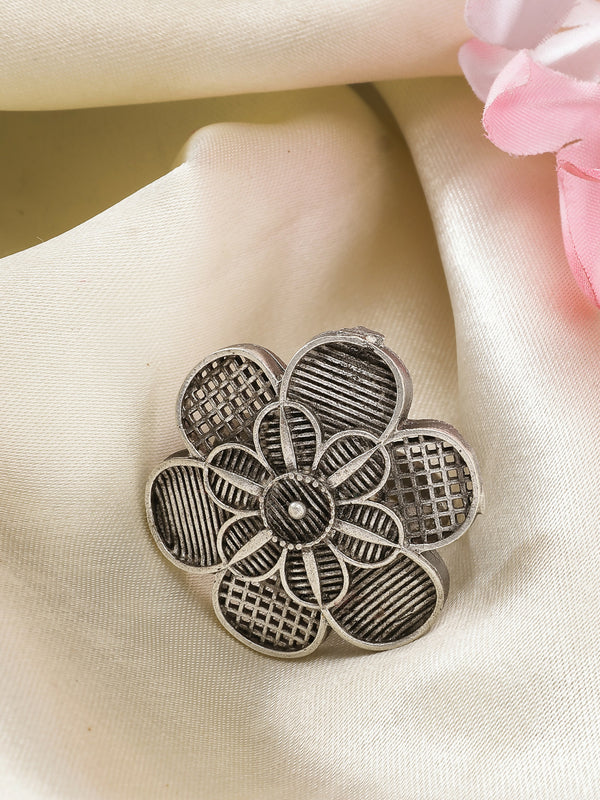 NVR Women's Silver-Toned Floral Shape Adjustable Finger Ring - Distacart