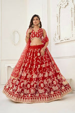 Thumbnail for Aastha Fashion Red Butterfly Net White Cotton Thread Work And Sequence Work Embroidery Wedding Wear Lehenga Choli - Distacart