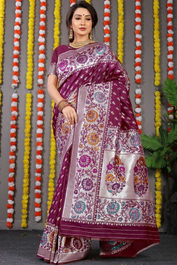 Jyoti Fashion Women's Wine Banarasi Silk Zari Woven Saree with Blouse - Distacart