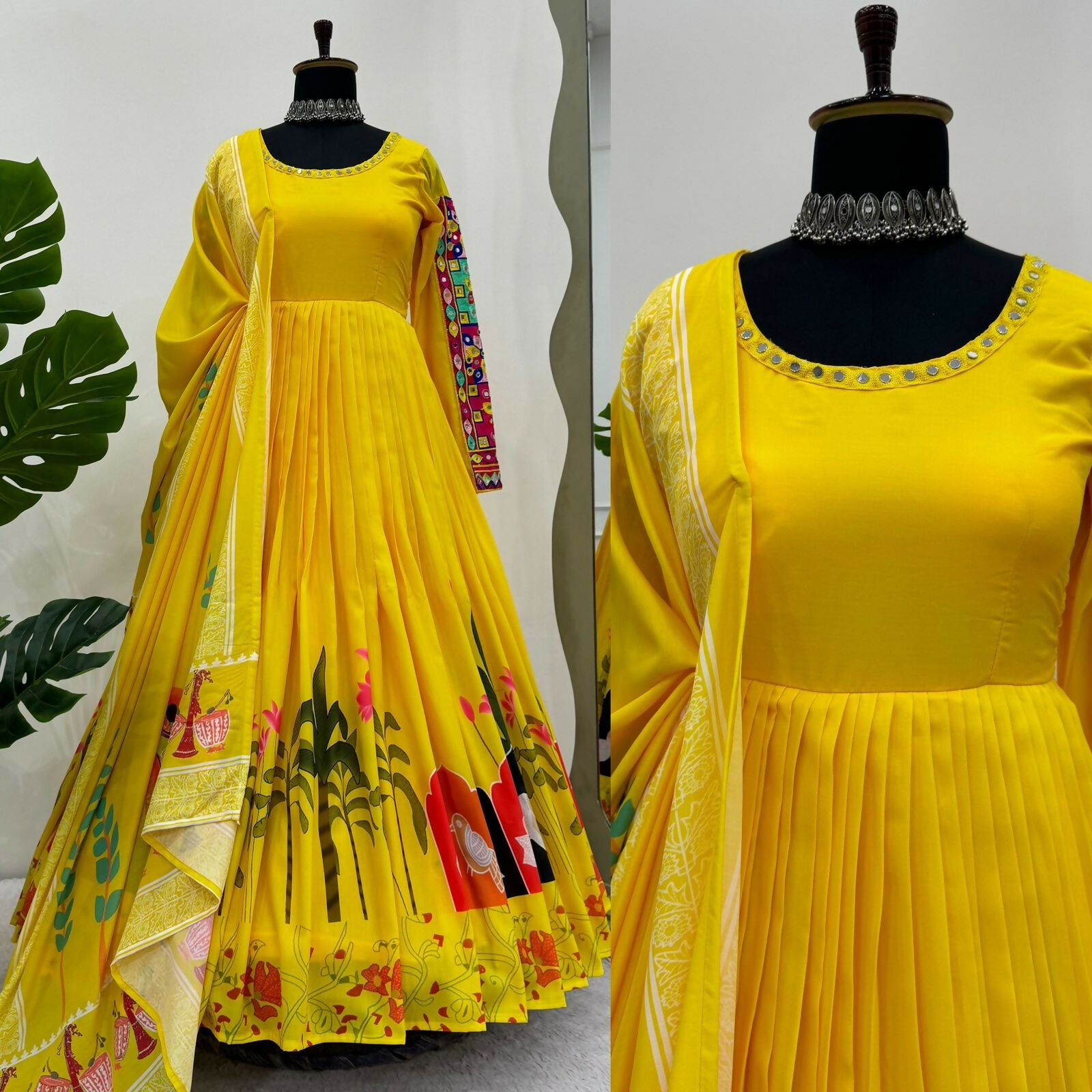 Preksha Creation Navratri Special Women Gown Digital Print With Real Mirror Work With Dupatta - Yellow - Distacart