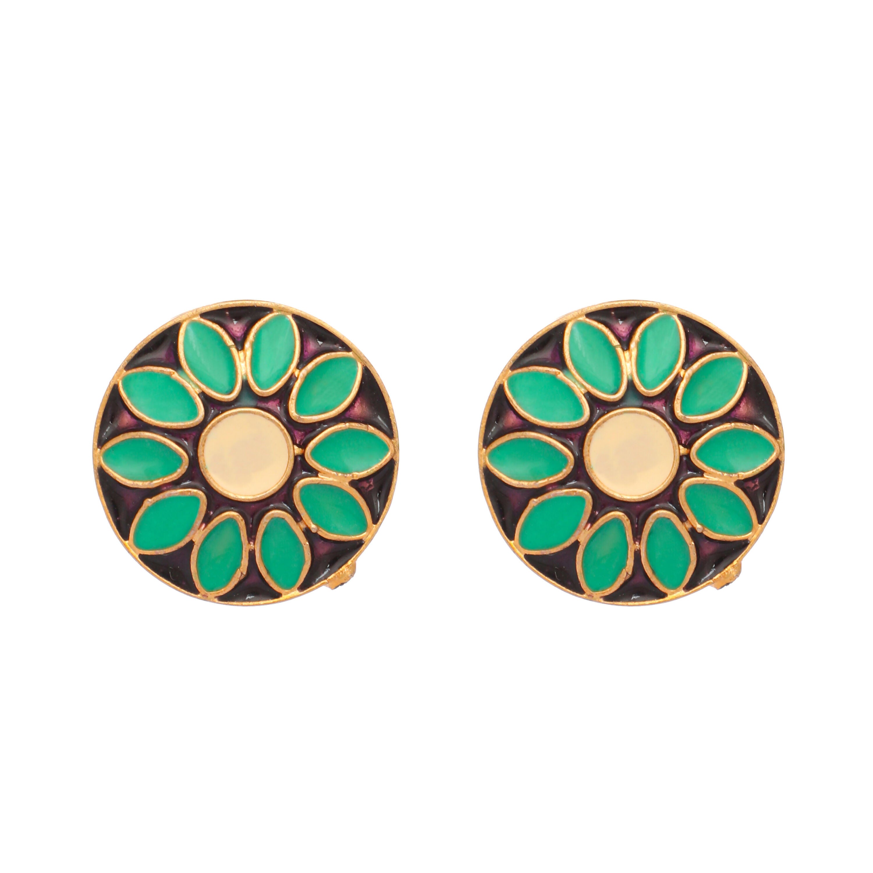 Nuyug 22K Gold Plated Circular Shaped Sea Green Enamelled Floral Motif Studs