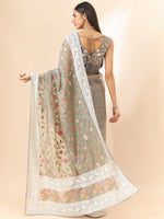 Thumbnail for Grey Organza Floral Embroidered Saree with Unstitched Blouse Piece - Roozal - Distacart