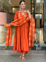 Thumbnail for The52 Rust Women's Gorgeous Embroidered Work Chanderi Fabric Flared Kurta Pant and Dupatta Set