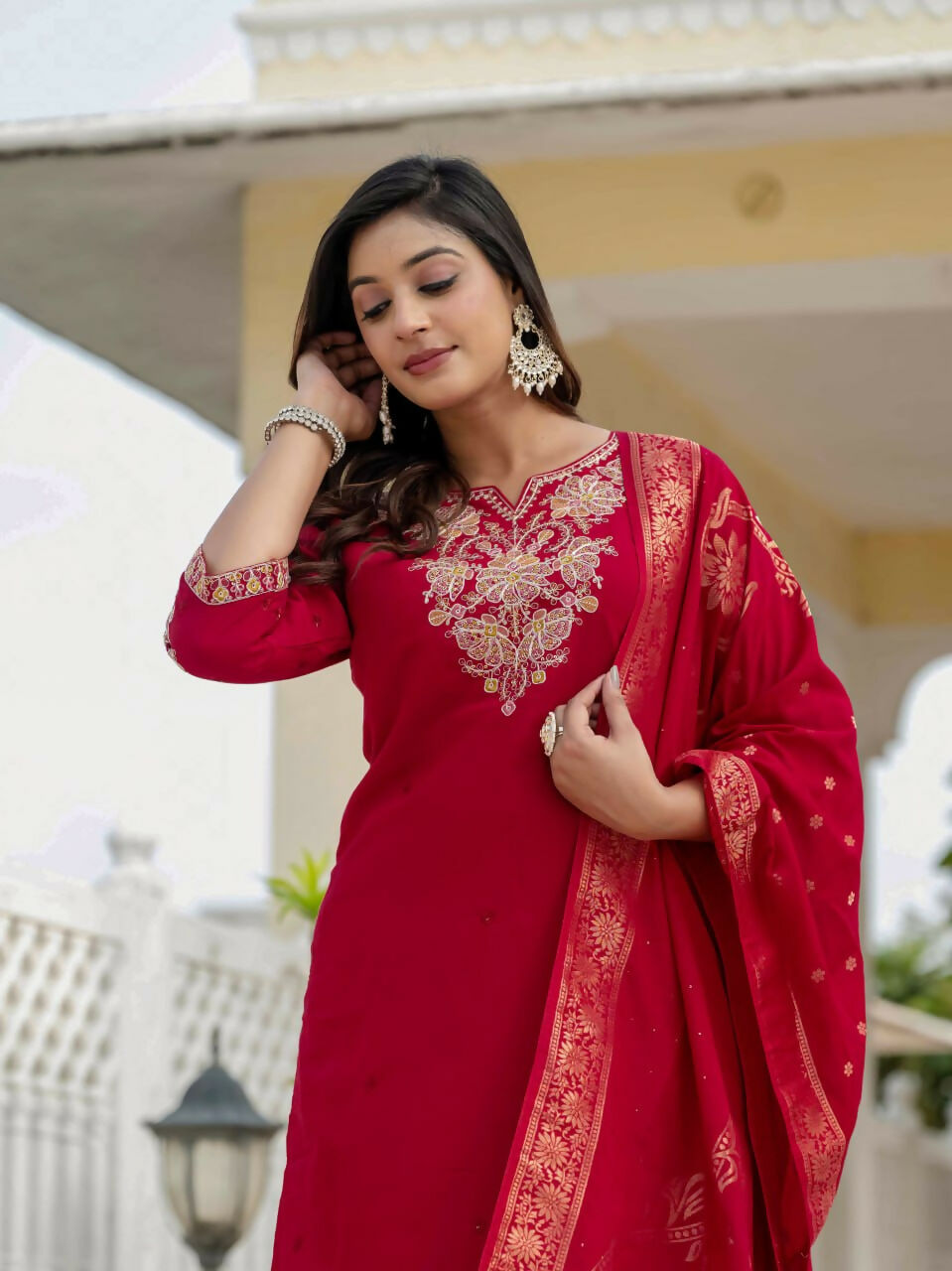 Preksha Creation Wedding Special Premium Roman Silk Coding Embroidery With Sequins Work Kurti Dupatta With Pant