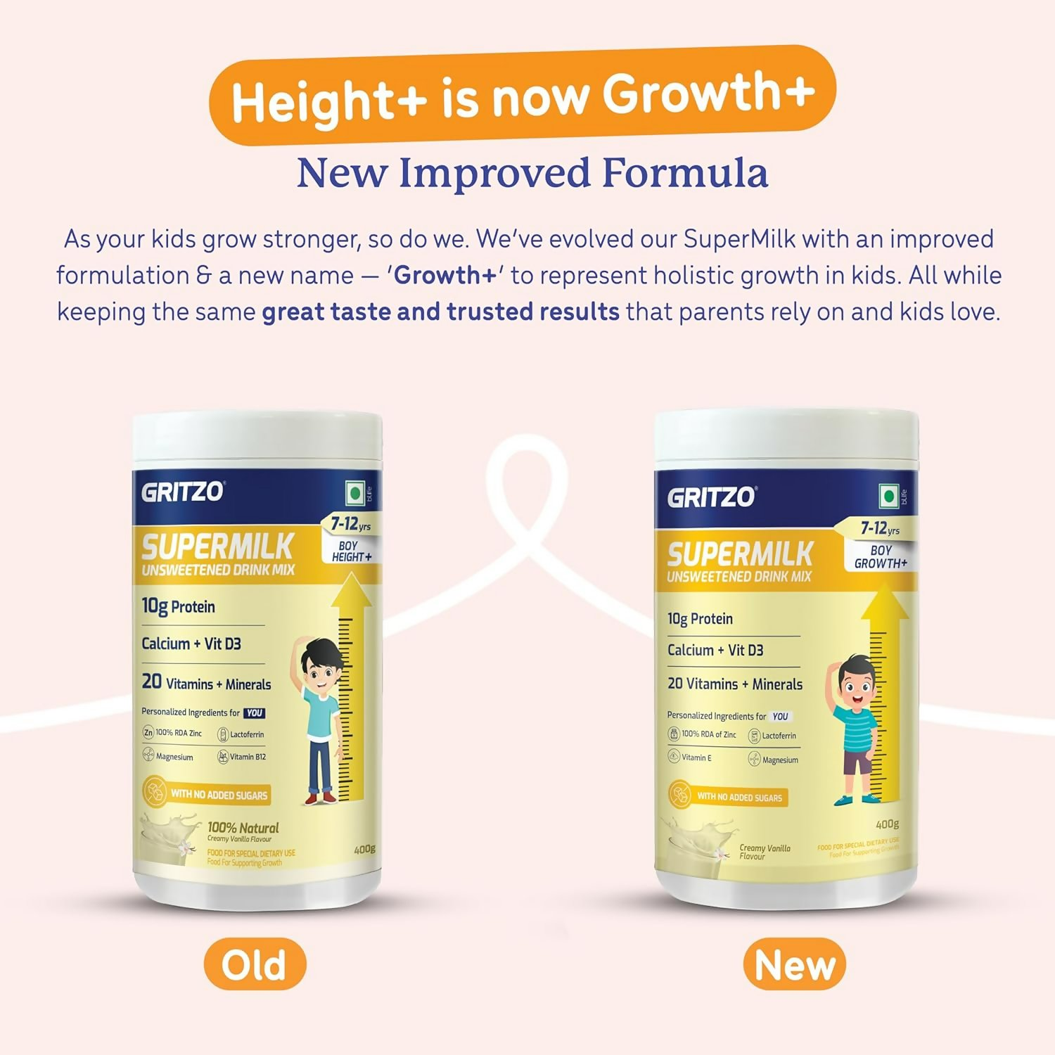 Gritzo SuperMilk Growth+ (Formerly Height+) Unsweetened Drink Mix (7-12y Boys), 10g Protein Powder (Creamy Vanilla) - Distacart