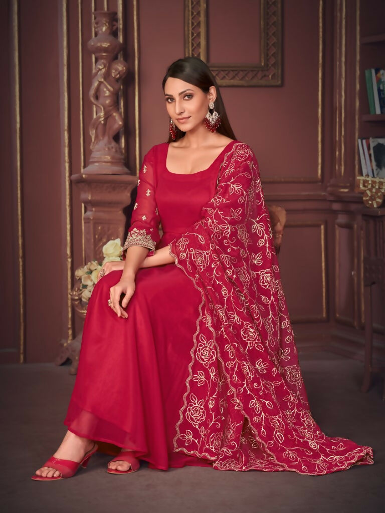 Jyoti Fashion Women's Rani Pink Georgette Embroidered Anarkali Kurta Pant Set With Dupatta - Distacart