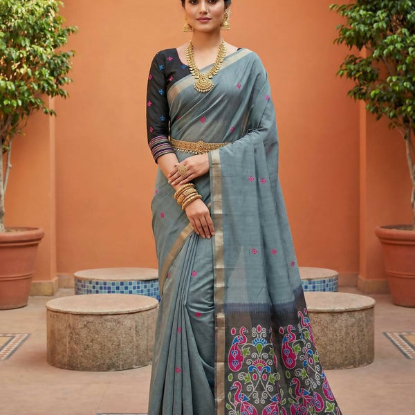Vastranavya Grey Muga Cotton Meenakari & Azarakh Pallu Saree with Contrast Blouse - Distacart