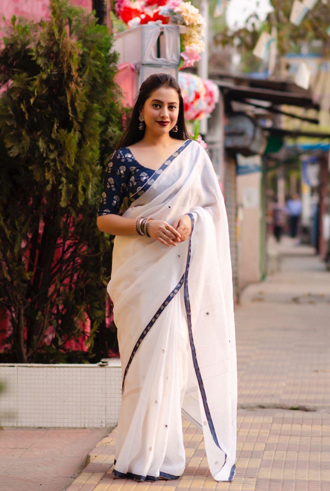 White Pure Linen Ethnic Motifs Saree with Unstitched Blouse - A2M - Distacart
