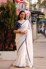 Thumbnail for White Pure Linen Ethnic Motifs Saree with Unstitched Blouse - Hiral Fashion - Distacart