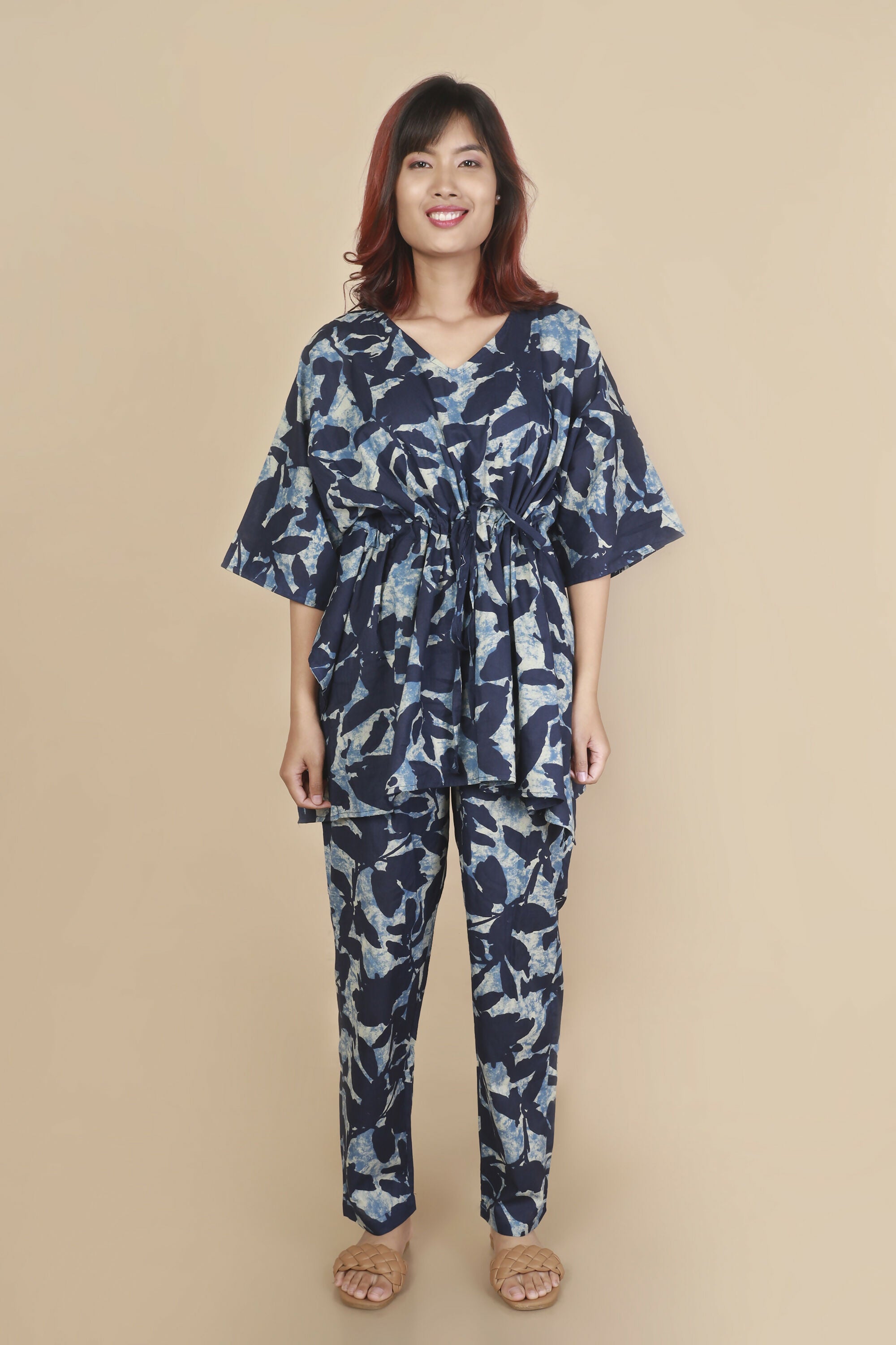 Breathables Women’S Loungewear Kaftan Cotton Blue Floral Print Co-Ord Set - Dista