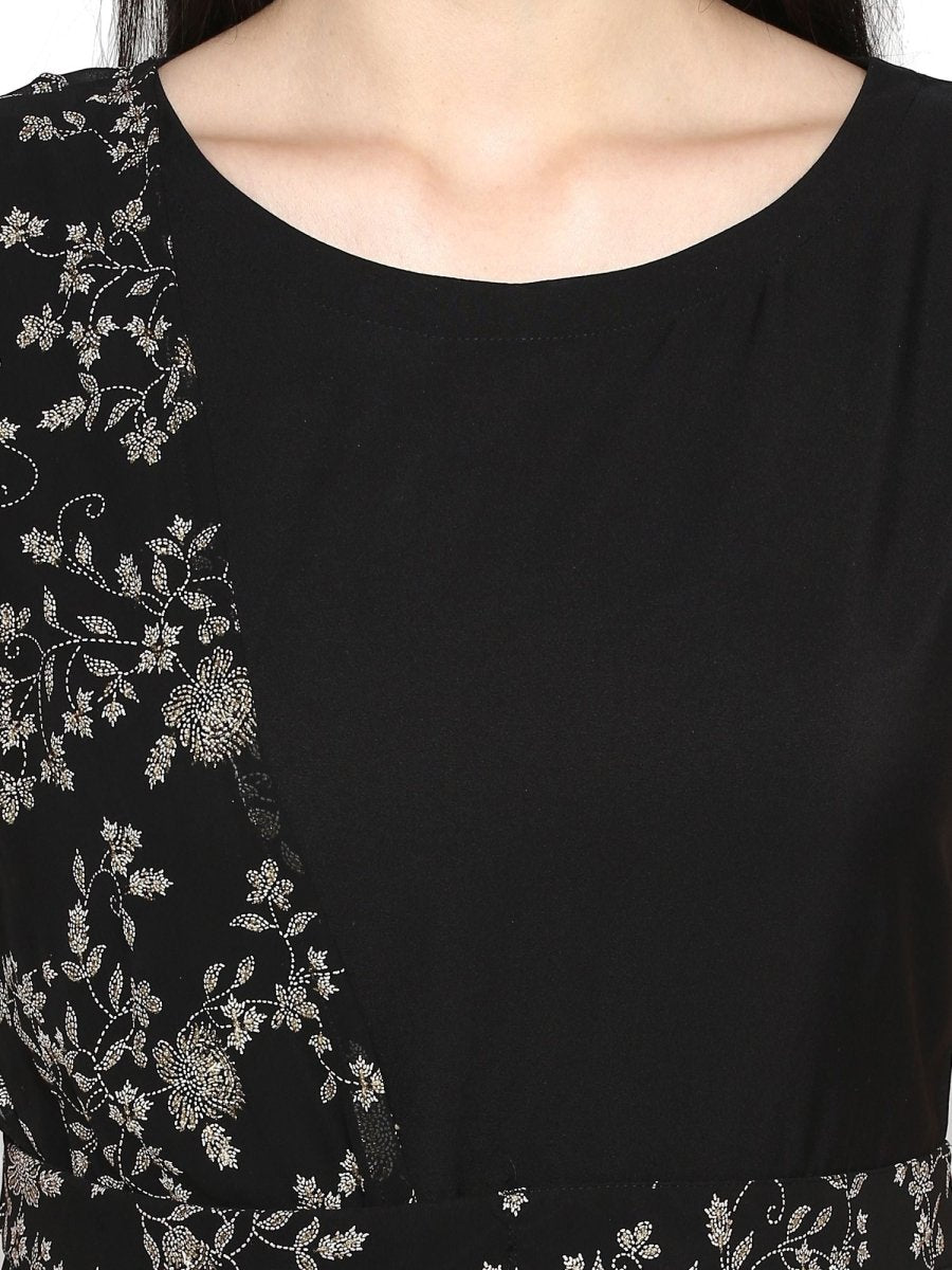 Ahalyaa Women's Black Crepe Printed Kurta With Attached Dupatta