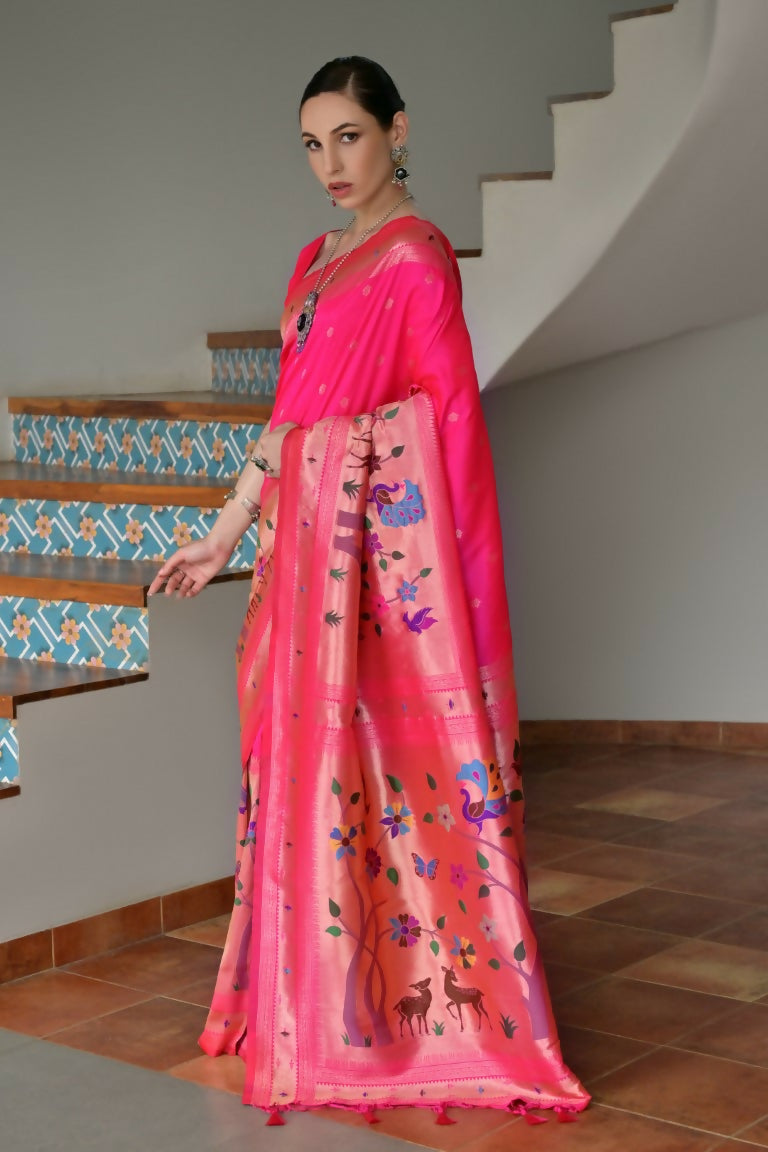 Vishnu Weaves Women's Pink Paithani Silk Zari Woven Saree with Blouse