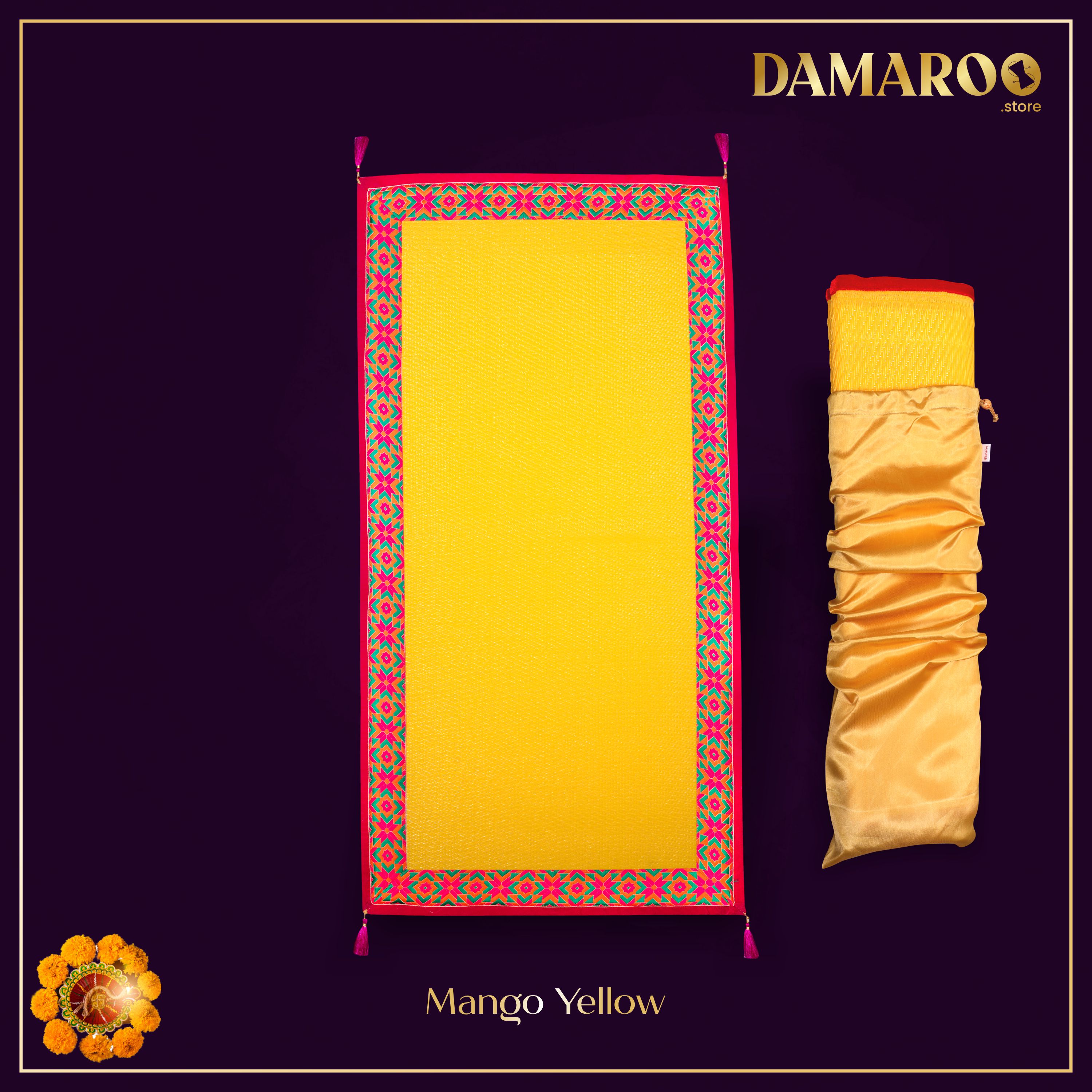 Damaroo 2x4 ft | Ornate Nylon Pooja Couple Mat | Jacquard Pink Trim & Tassels - Mango Yellow - Distacart