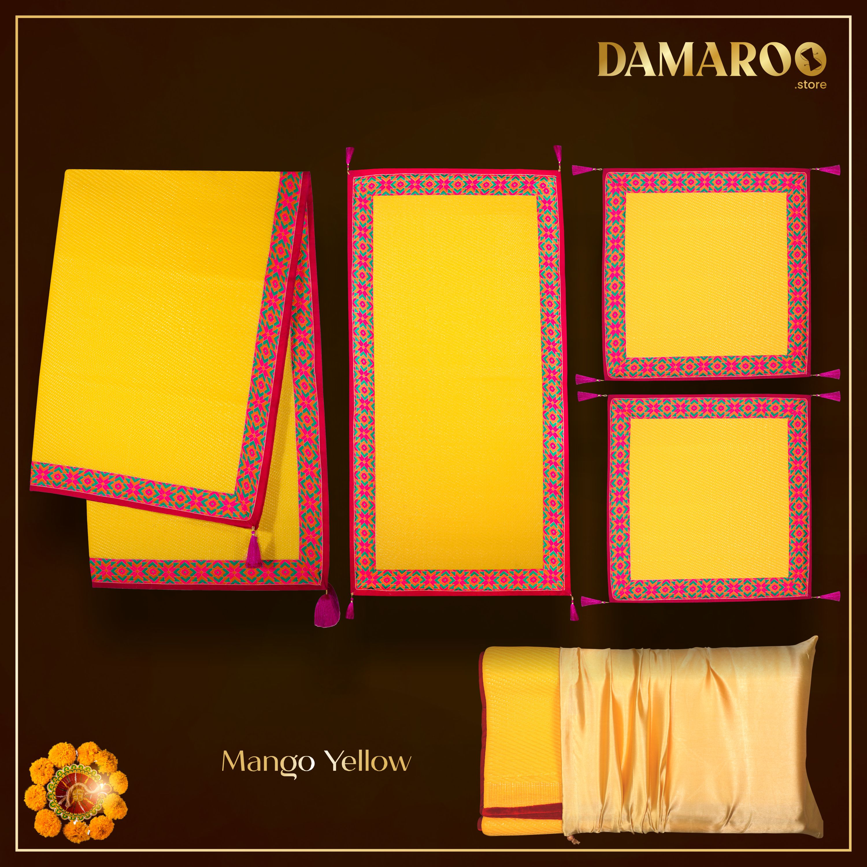 Damaroo Combo Pack of 4 | Ornate Nylon Pooja Aasan & Mat | Jacquard Pink Trim & Tassels - Mango Yellow - Distacart