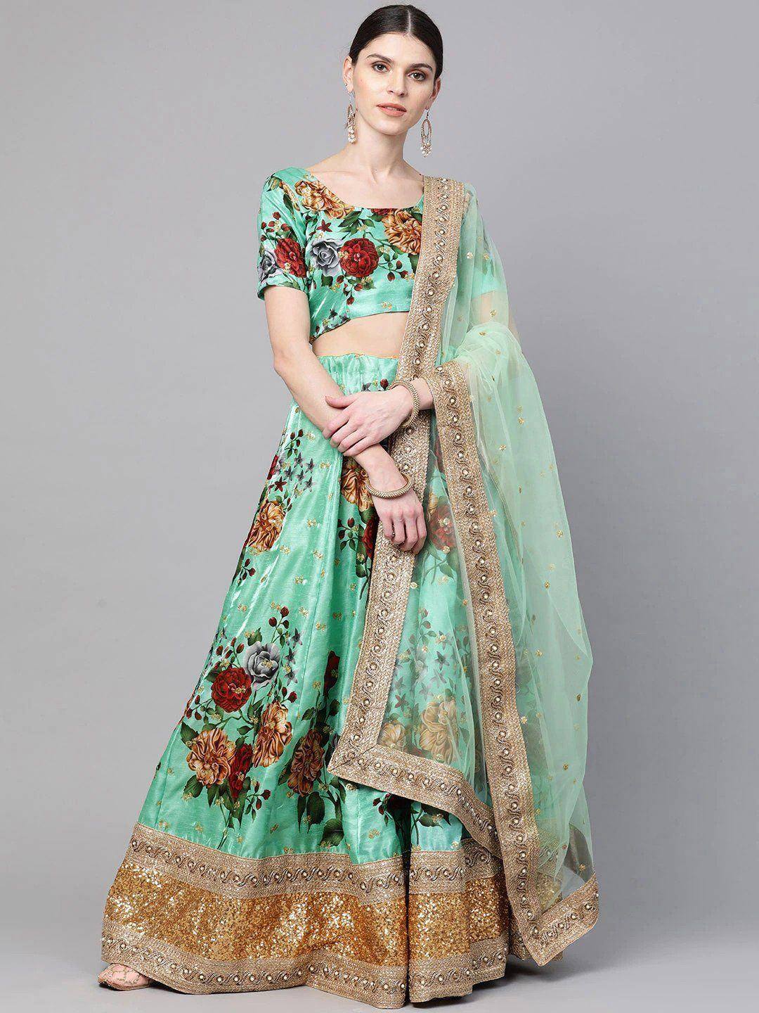 Tulsi Art Green Floral Semi-Stitched Myntra Lehenga & Unstitched Blouse With Dupatta - Dista