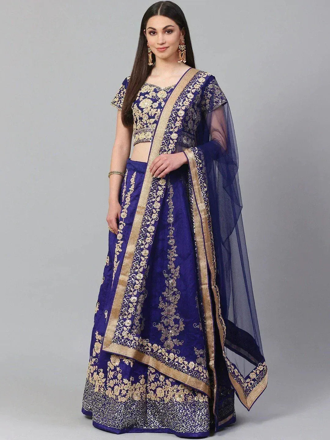 Tulsi Art Blue & Gold-Toned Embroidered Semi-Stitched Myntra Lehenga & Unstitched Blouse With Dupatta - Dista