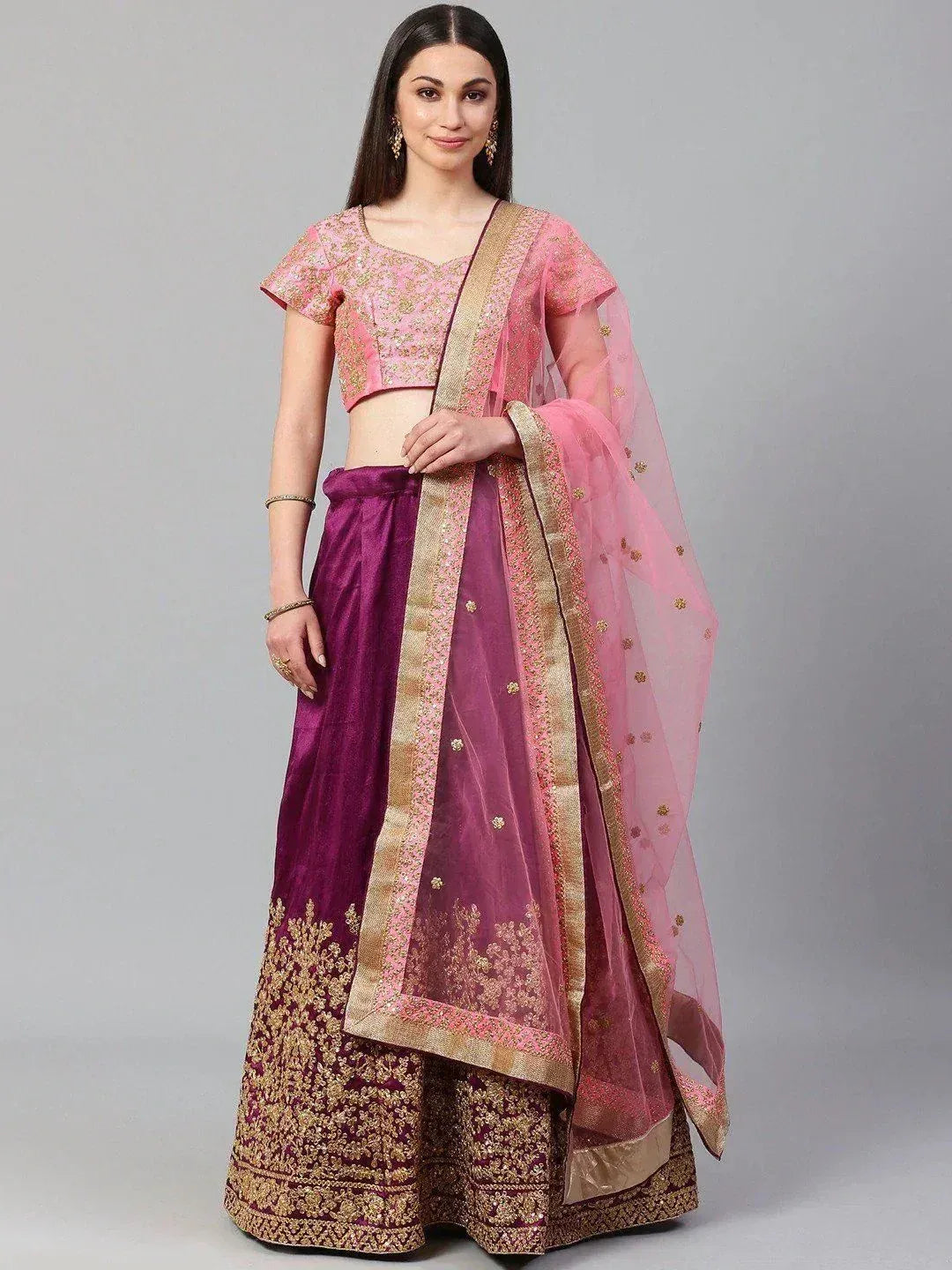 Tulsi Art Purple & Pink Semi-Stitched Myntra Lehenga & Unstitched Blouse With Dupatta - Dista