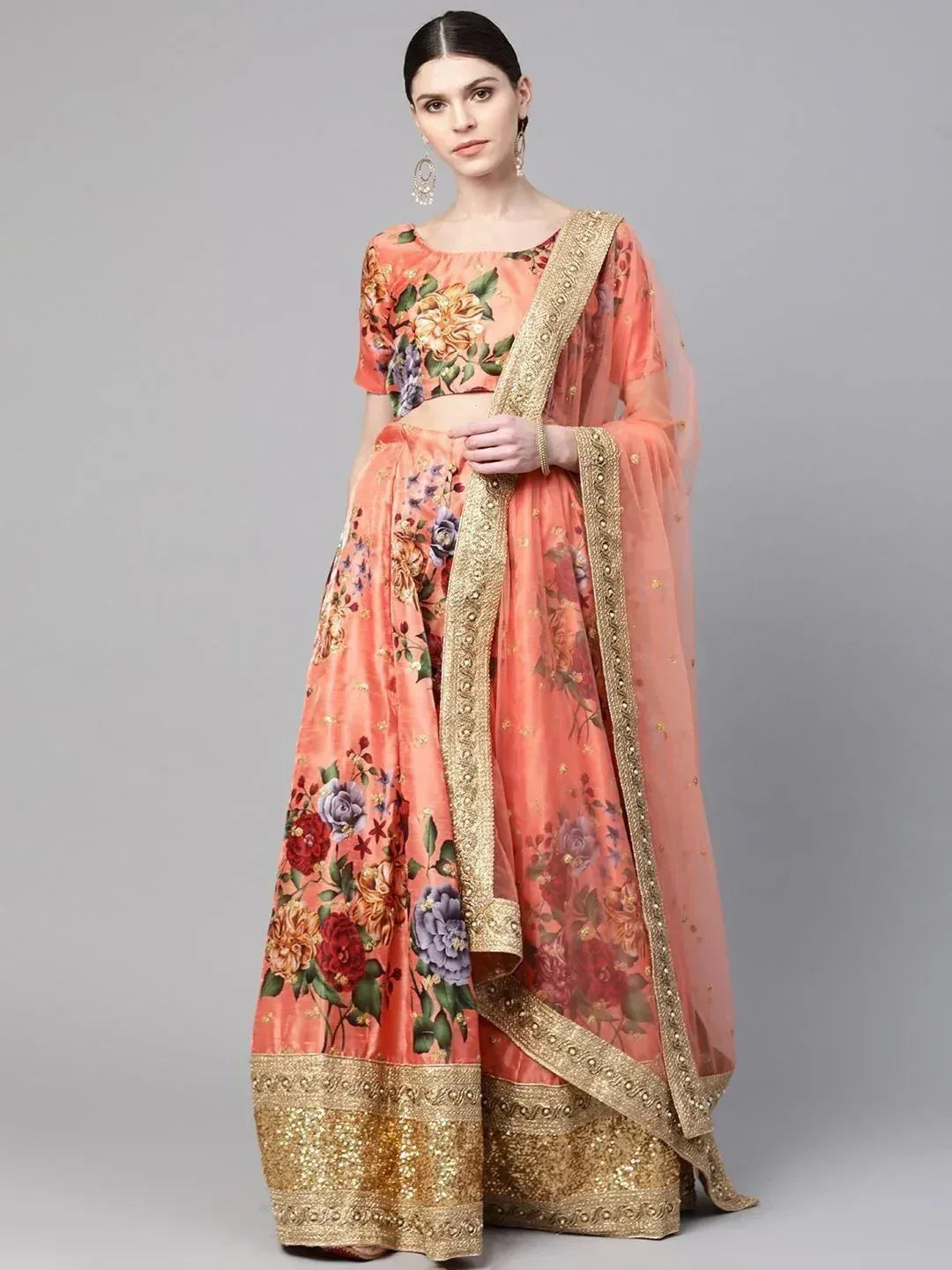 Tulsi Art Peach-Coloured & Pink Printed Semi-Stitched Myntra Lehenga & Unstitched Blouse With Dupatta - Dista