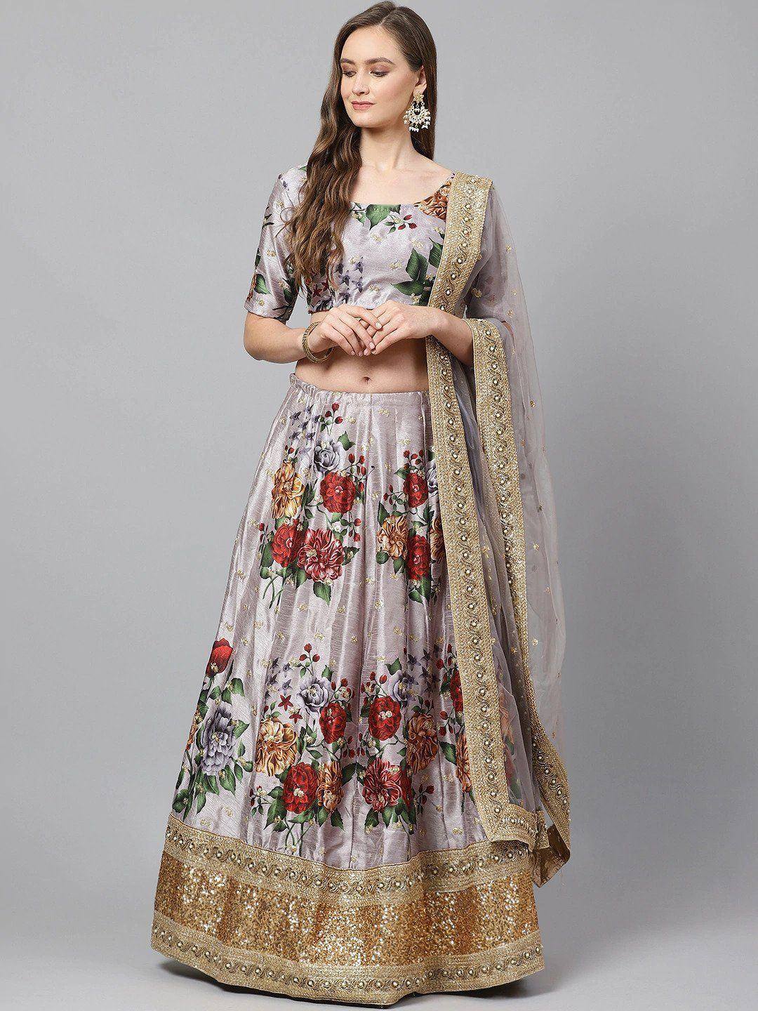 Tulsi Art Grey & Red Printed Semi-Stitched Myntra Lehenga & Unstitched Blouse With Dupatta - Dista