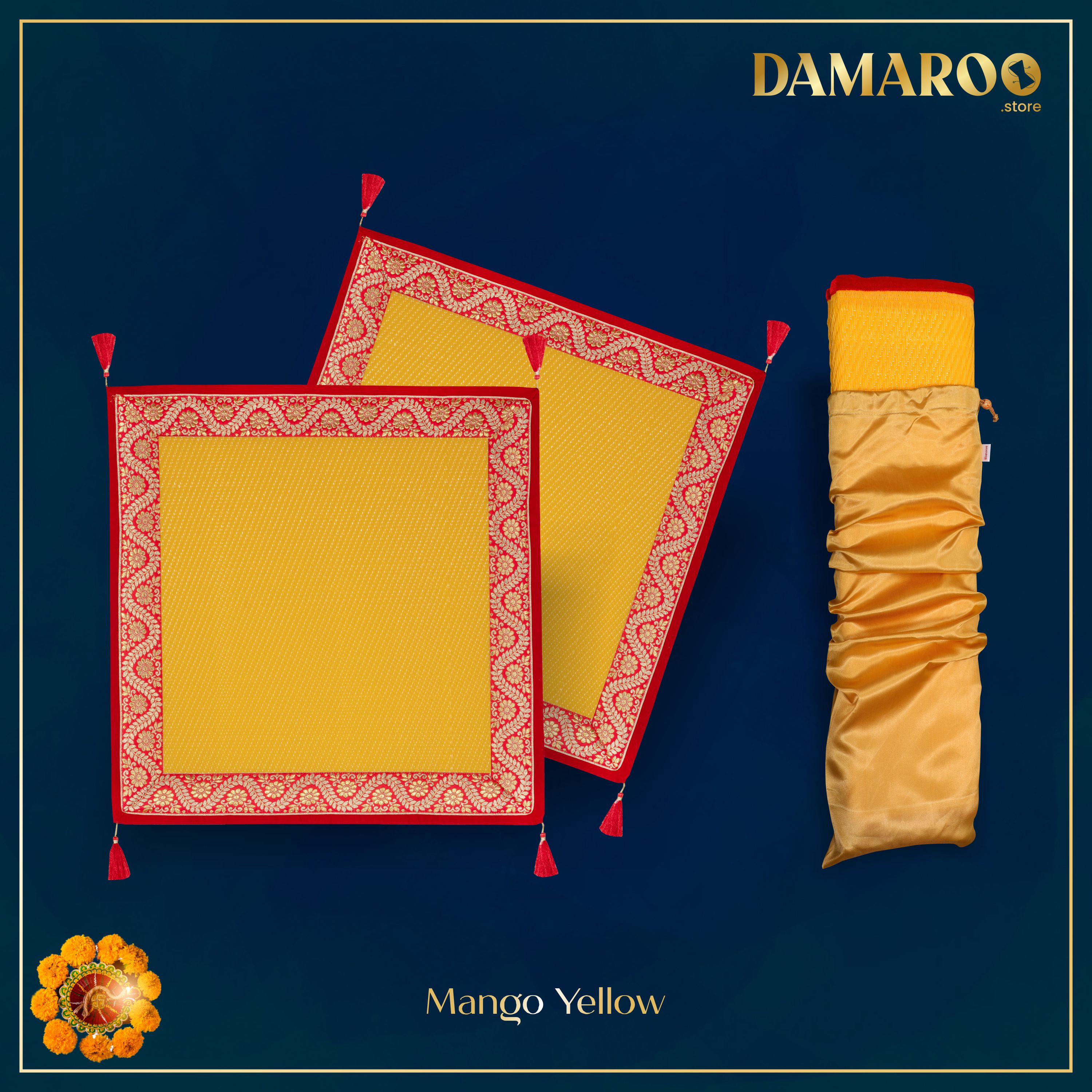 Damaroo Set of 2 | 2x2 ft | Graceful Nylon Pooja Aasan | Red & Subtle Golden Trim & Tassels - Mango Yellow - Distacart