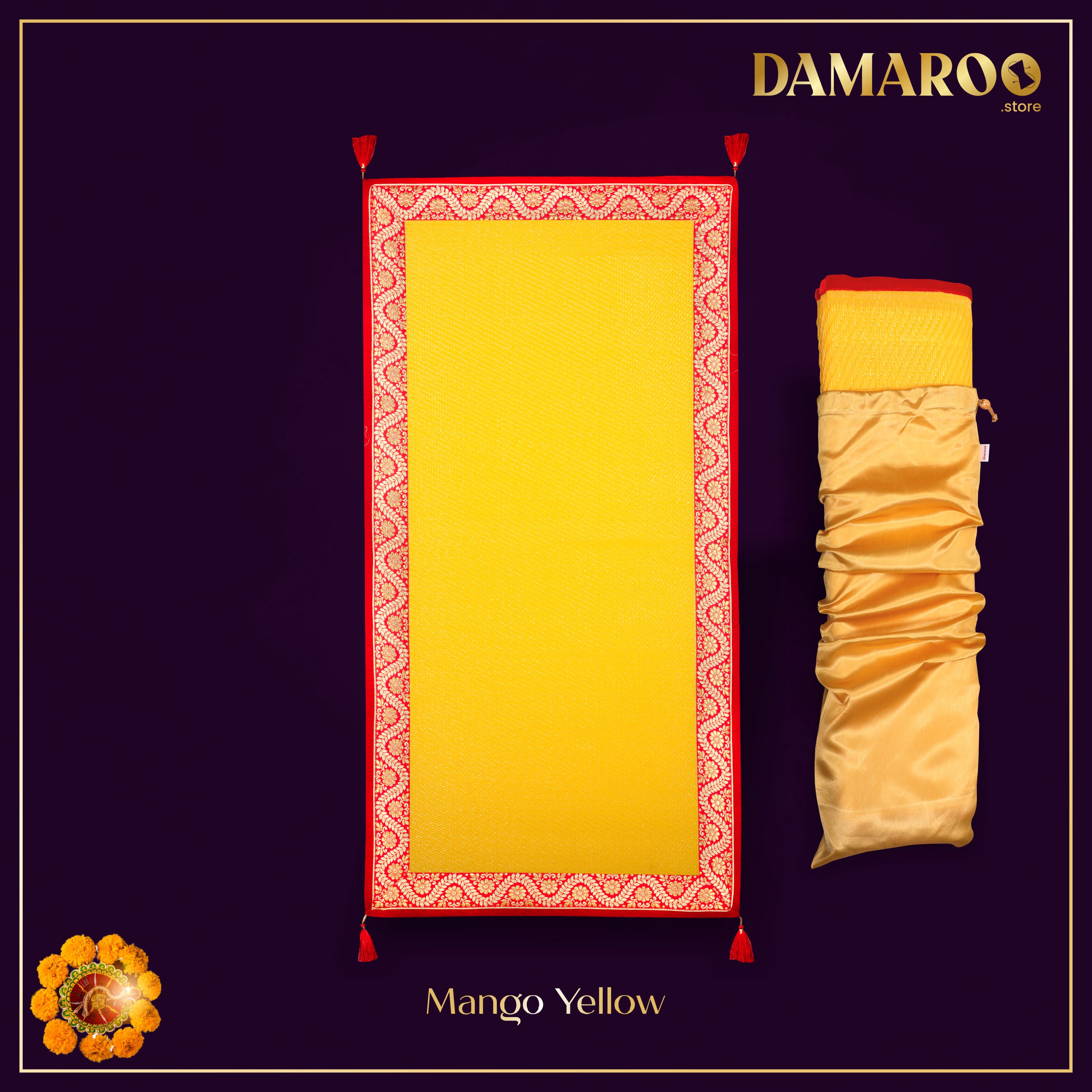 Damaroo 2x4 ft | Graceful Nylon Pooja Couple Mat | Red & Subtle Golden Trim & Tassels - Mango yellow - Distacart