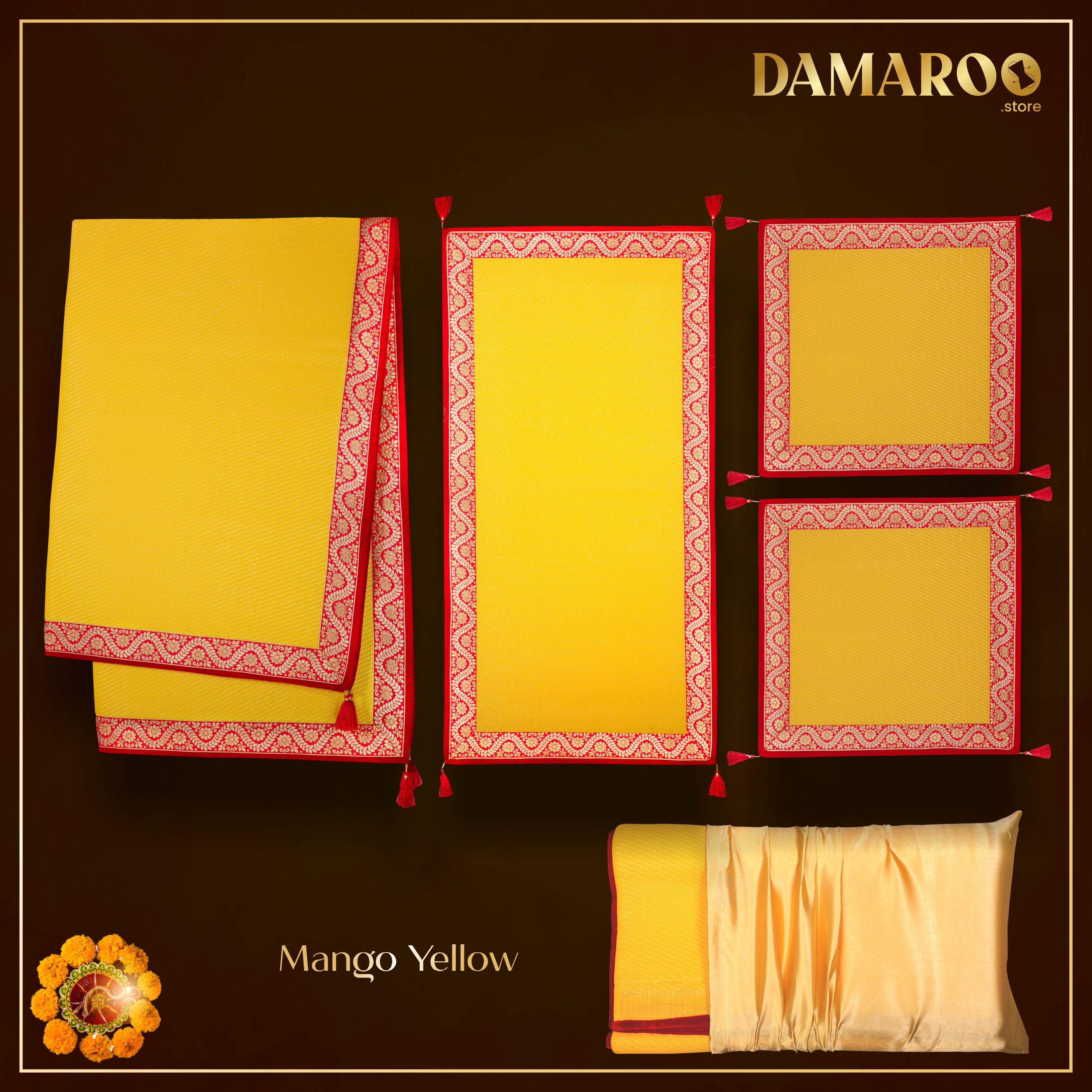 Damaroo Combo Pack of 4 | Graceful Nylon Pooja Aasan & Mat | Red & Subtle Golden Trim & Tassels - Mango Yellow - Distacart