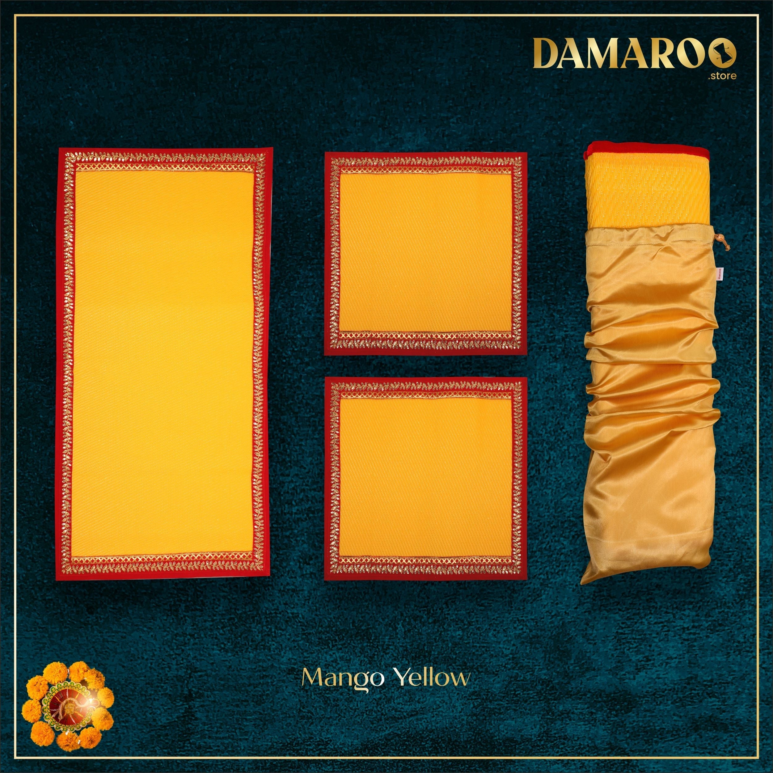 Damaroo Combo Pack of 3 | Exquisite Nylon Aasans & Mat | Red Sequins Border - Mango Yellow - Distacart