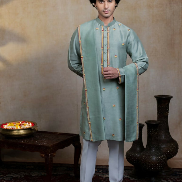 Falling Raw Silk Olive Green Kalika Kurta Set By Hilo Design