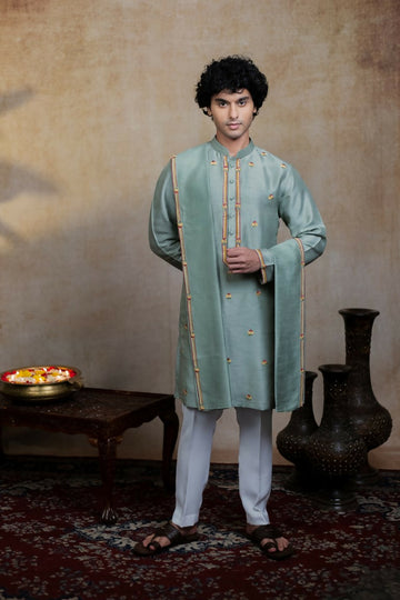 Falling Raw Silk Olive Green Kalika Kurta Set By Hilo Design - Distacart