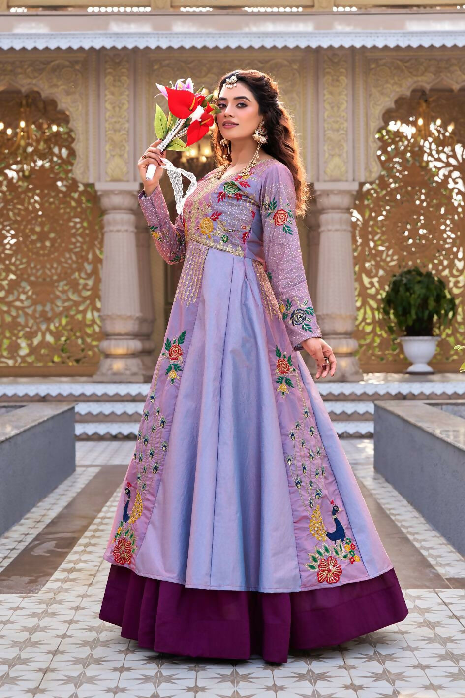 Teeya Creation Womens New Simply Wear Embroidery Sequence With Thread Work Lavender Gown Set - Dista
