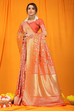 Thumbnail for Jyoti Fashion Women's Orange Kanjivaram Silk Zari Woven Saree with Blouse - Distacart