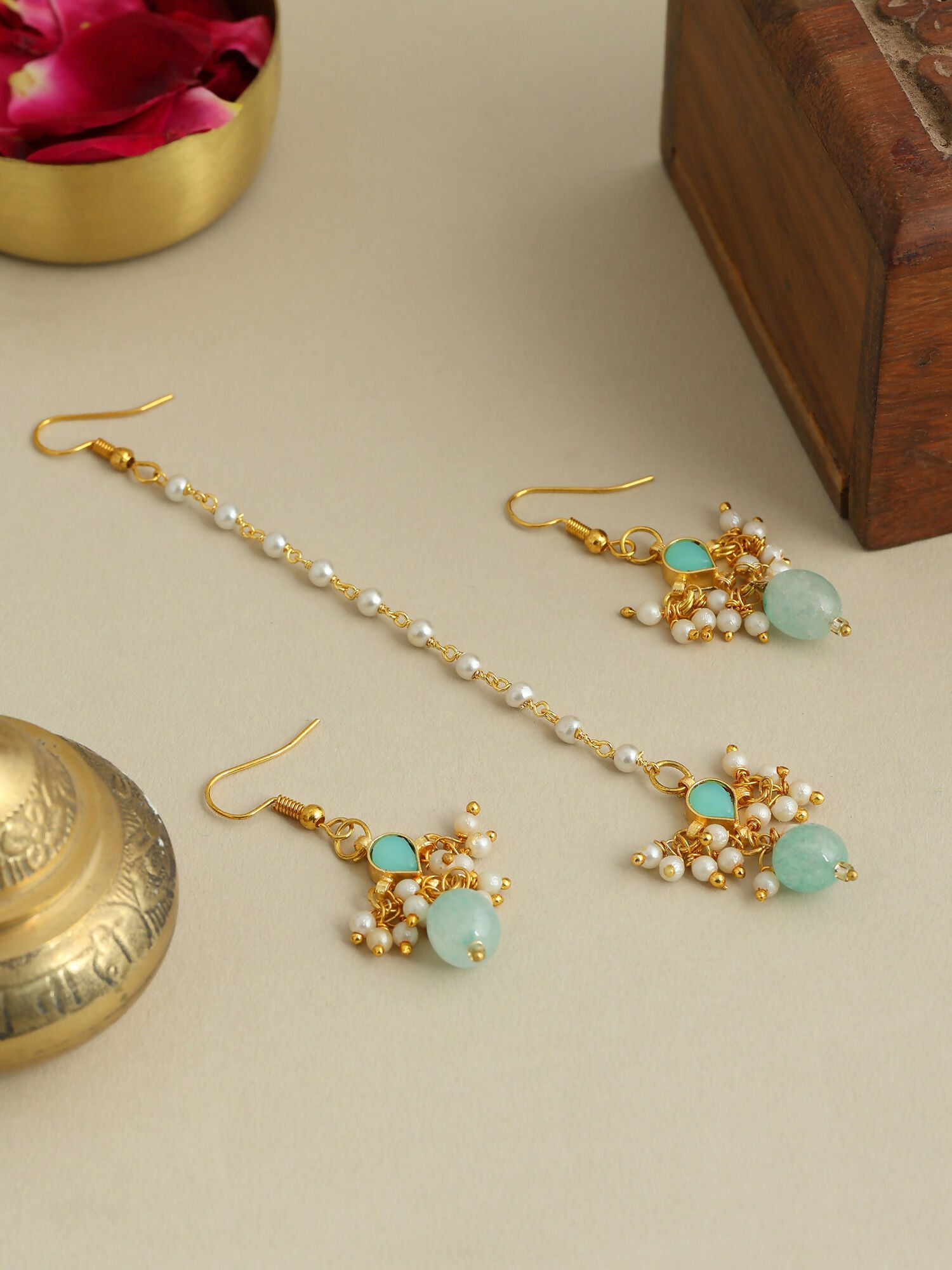 Ruby Raang Traditional Green Drop Maang Tikka And Earrings