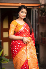 Thumbnail for Red Jute Silk Printed Saree with Unstitched Blouse - Hiral Fashion - Distacart