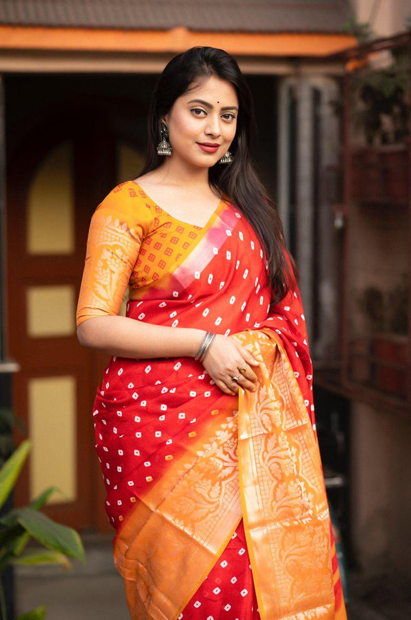 Red Jute Silk Printed Saree with Unstitched Blouse - Hiral Fashion - Distacart