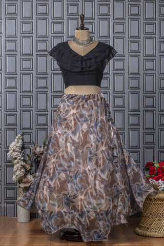 Preksha Creation Indian Festive Georgette Digital Print Women Lehenga Choli And Crop Top - Black & Brown - Distacart