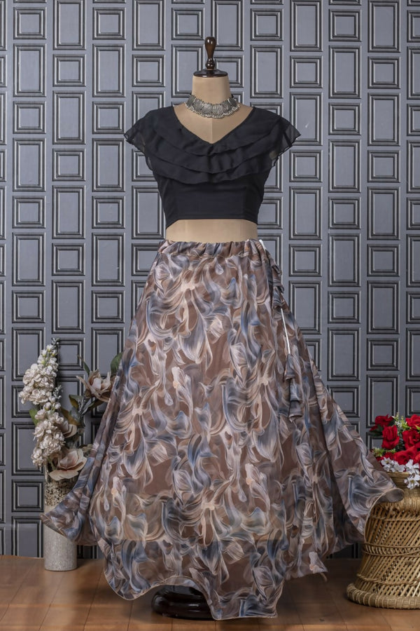 Preksha Creation Indian Festive Georgette Digital Print Women Lehenga Choli And Crop Top - Black & Brown - Distacart