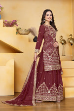 Thumbnail for Lehenga Mart Designer Sharara Suit With Kurta, Sharara, Dupatta For Women-Maroon - Distacart