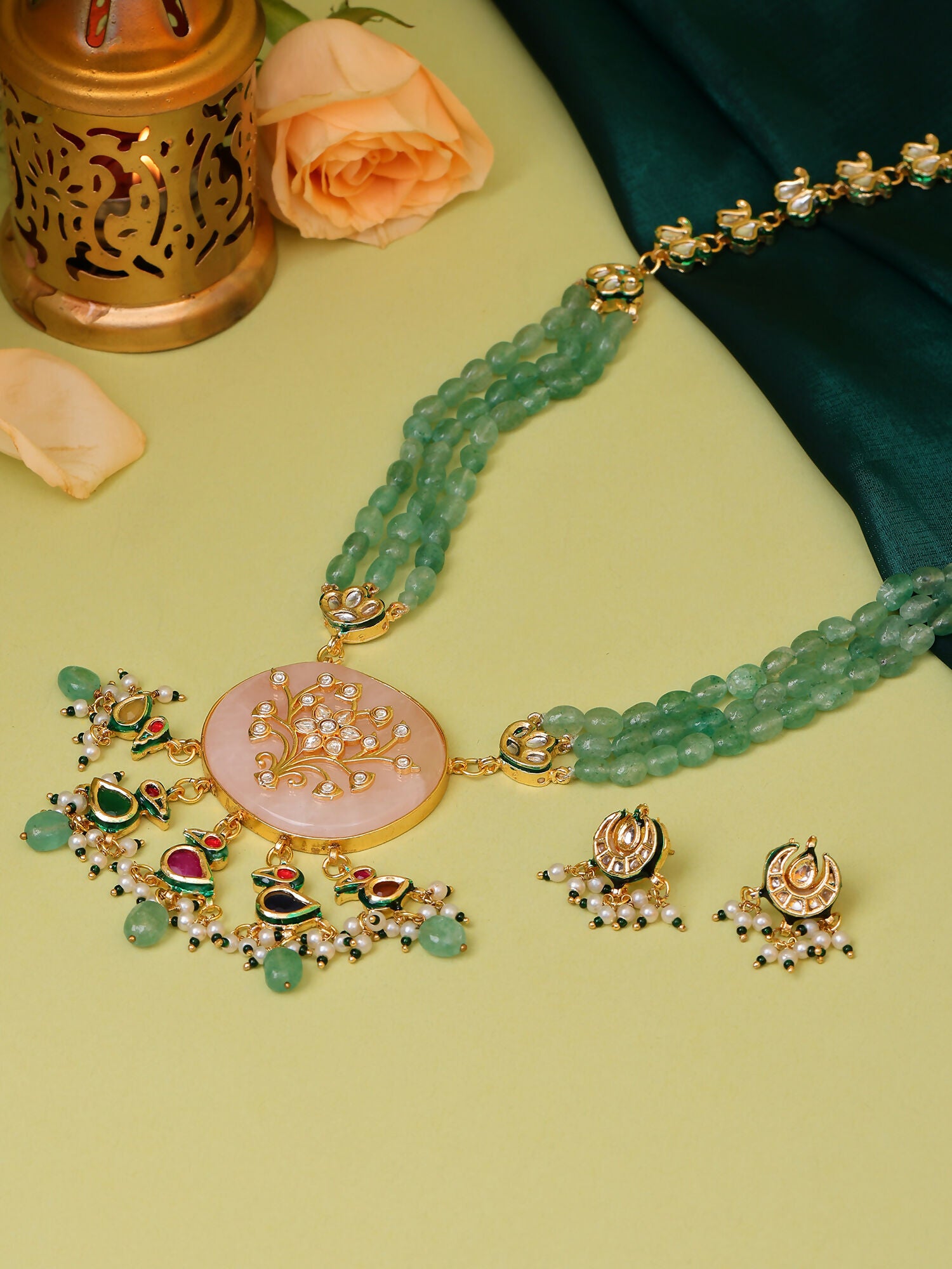 Ruby Raang Gold Polished Green Long Kundan And Stonework Necklace With Earrings