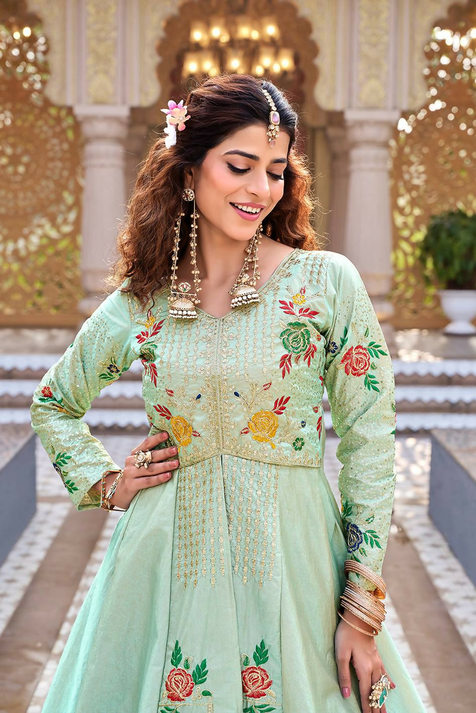 Teeya Creation Womens New Simply Wear Embroidery Sequence With Thread Work Light-Green Gown Set - Dista