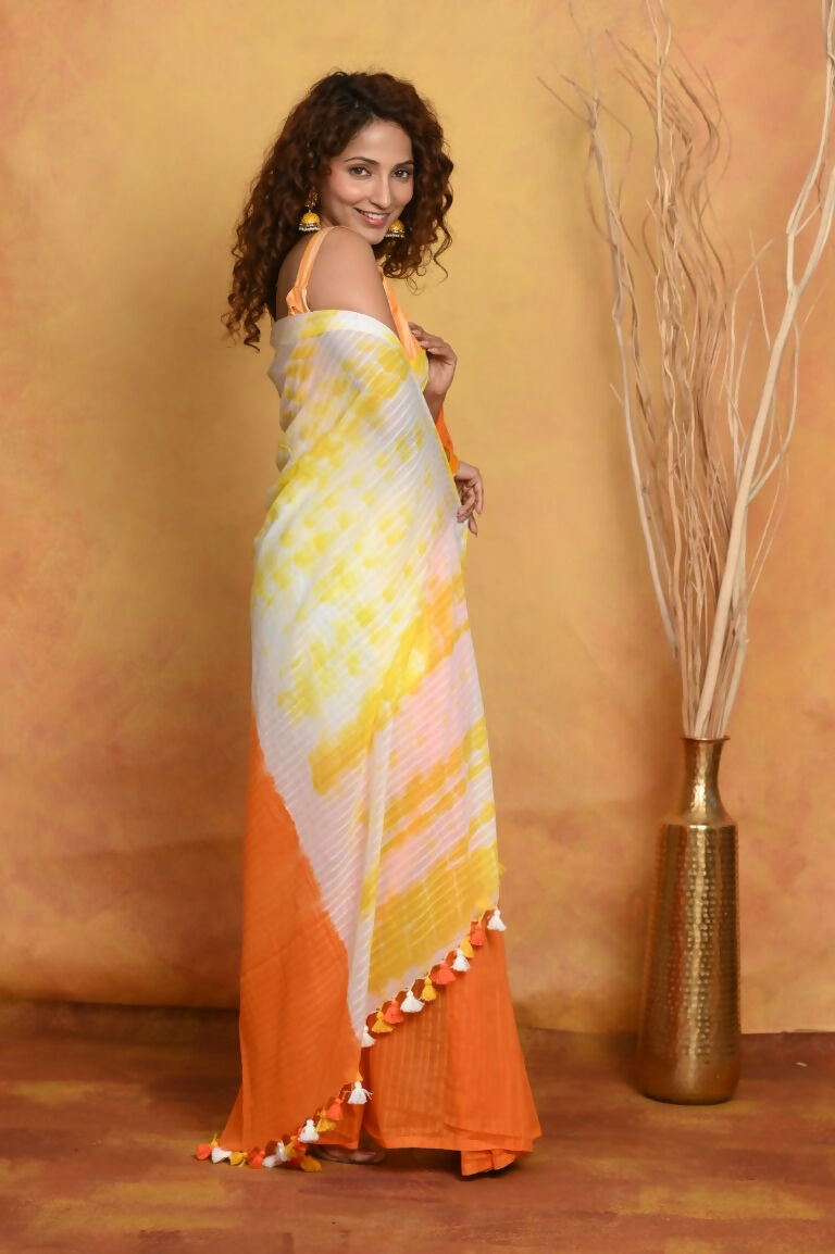Very Much Indian Tie & Dye Handloom Mul Cotton Saree - Orange Yellow - Distacart
